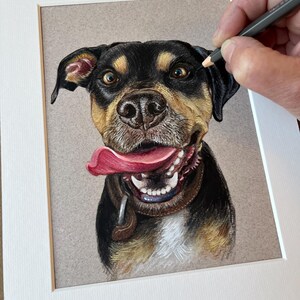 Puede incluir: Dibujo a l&aacute;piz de color de un perro con expresi&oacute;n feliz. El perro tiene pelaje negro, marr&oacute;n y beige, una lengua rosa y un collar marr&oacute;n. La obra de arte est&aacute; en un passe-partout blanco.
