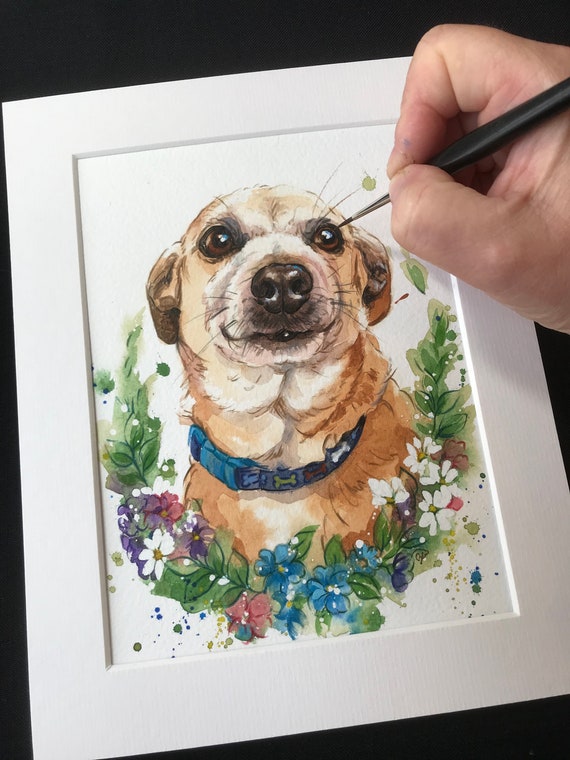 Pet watercolour portrait with flowers/Roses from your photo. Great dog owner gift. sale Personalise gift. Customise gift for pet owner