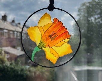 Pressed Daffodil Flower Glass Decoration, Individually Hand Painted, Symbol of New Beginnings, Joy and Happiness!