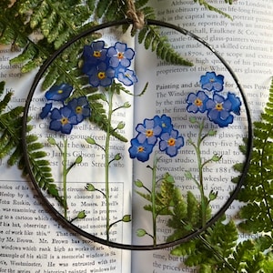 Forget Me Not Pressed Flowers Glass Decoration, Individually Hand Painted, Kiln Fired Stained Glass