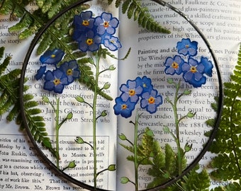 Forget Me Not Pressed Flowers Glass Decoration, Individually Hand Painted, Kiln Fired Stained Glass