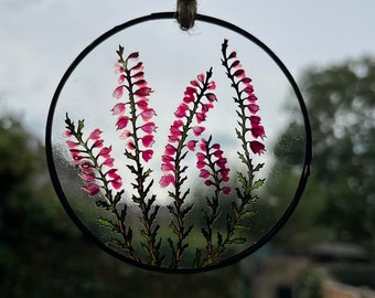 Pink or Purple Heather in Glass, Lucky Heather Suncatcher Everlasting Flowers, Pressed Plant Flowers