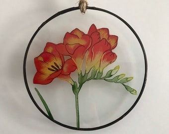 Red Orange Freesia Flower, Symbol of Friendship, Individually Hand Painted Stained Glass Freesia Stem, Everlasting Flowers