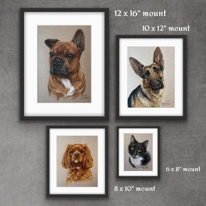 Puede incluir: Cuatro retratos de mascotas enmarcados, incluyendo un Bulldog Franc&eacute;s, un Pastor Alem&aacute;n, un Cavalier King Charles Spaniel y un gato blanco y negro. Los marcos negros rodean las obras, con tama&ntilde;os de montaje de 30,5 x 40,6 cm, 25,4 x 30,5 cm, 20,3 x 25,4 cm y 15,2 x 20,3 cm.