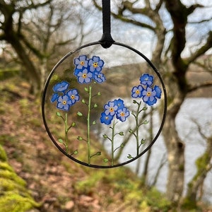 Forget Me Not Pressed Flowers Glass Decoration, Individually Hand Painted, Kiln Fired Stained Glass