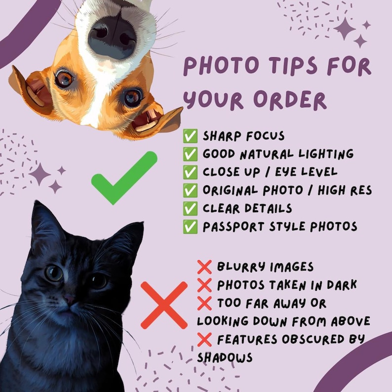 Puede incluir: Imagen promocional con un perro y un gato, junto con el texto "PHOTO TIPS FOR YOUR ORDER". La imagen proporciona consejos para tomar buenas fotos, incluyendo enfoque n&iacute;tido y buena iluminaci&oacute;n, y enumera qu&eacute; evitar, como im&aacute;genes borrosas.