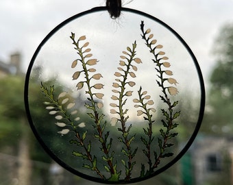 Lucky White Heather in Glass, Heather Suncatcher Everlasting Flowers, Pressed Plant Flower Painting
