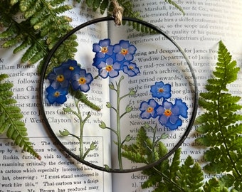 Forget Me Not Pressed Look Flowers Glass Decoration, Individually Hand Painted, Kiln Fired Stained Glass