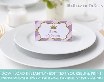 Paper Party Supplies Place Cards Gold Place Cards Princess Food Cards Self Editing Pdf File G04 Little Princess Mini Table Tents Name Cards Crown Purple