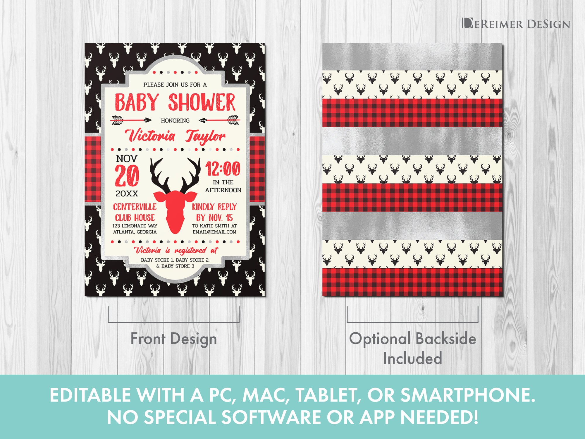 Editable Baby Shower Invitation in Buffalo Plaid and Gray | Etsy