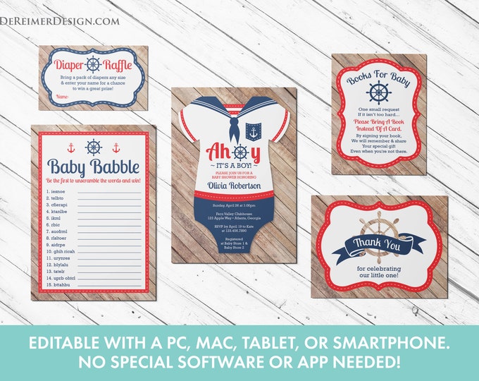 Editable Baby Shower Invitation Bundle, Ahoy It's a Boy, Nautical Baby ...