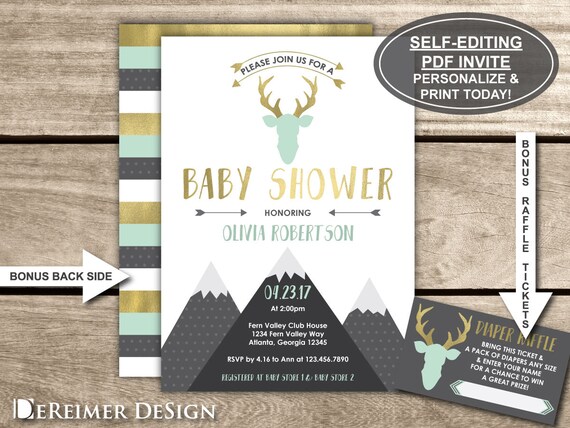 Woodland Deer Baby Shower Invitation Antlers Deer Head Mountains Woodland Deer Baby Shower Invitation Antlers Deer Head Mountains