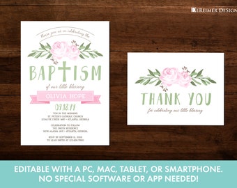 Editable Baptism Invitation, Girl, Pink, Green, Floral, Thank You Card, Self-Editing Corjl Templates, Christening, Dedication, S01