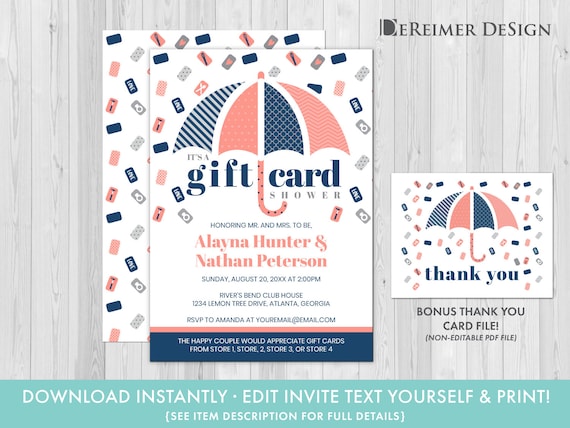 Gift Card Wedding Shower Invitation In Blue And Coral Bridal Etsy