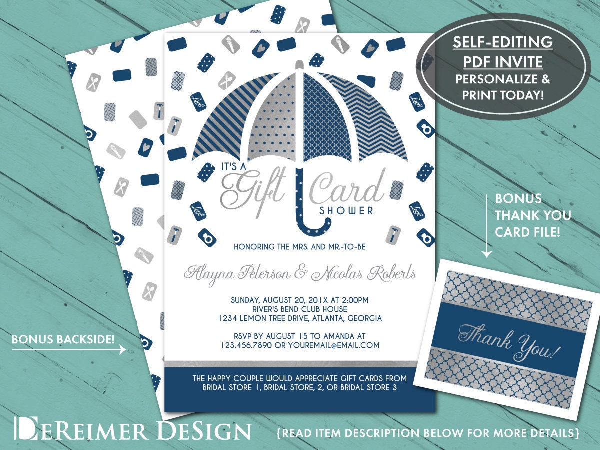 Gift Card Wedding Shower Invitation Bridal Navy Blue 50