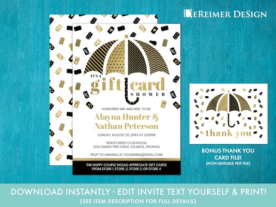 Gift Card Wedding Shower Invitation In Black And Gold Bridal Etsy