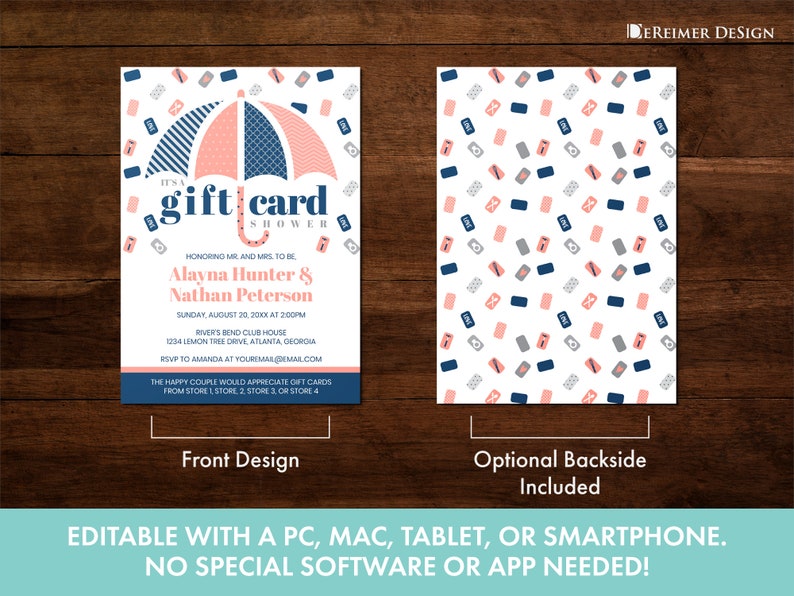 Gift Card Wedding Shower Invitation in Blue and Coral Bridal Etsy