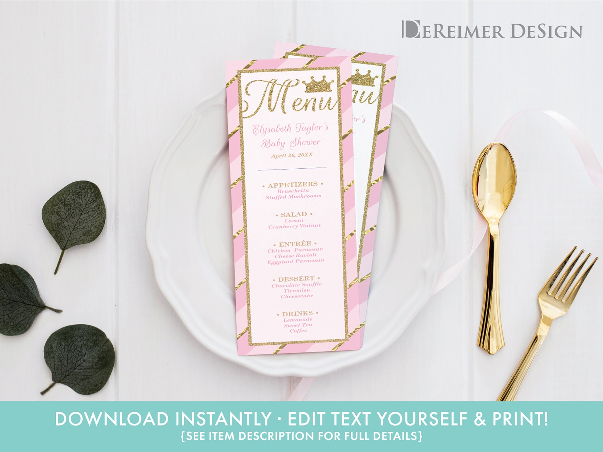 Little Princess Baby Shower, Menu Template, Decor,Pink, Faux Gold Glitter  and Foil, Self-Editing PDF Menu Template, DIY Print, G20 For Baby Shower Menu Template