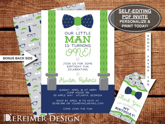 Little Man Birthday Party Invitation Bow Tie Suspenders