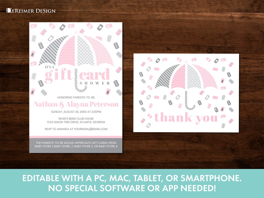 Editable Gift Card Baby Shower Invitation in Pink and Gray, Baby Shower