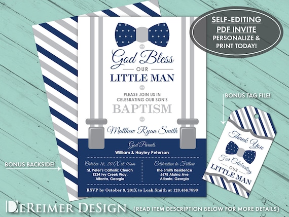 baptism invitation little man baby boy navy blue gray bow etsy
