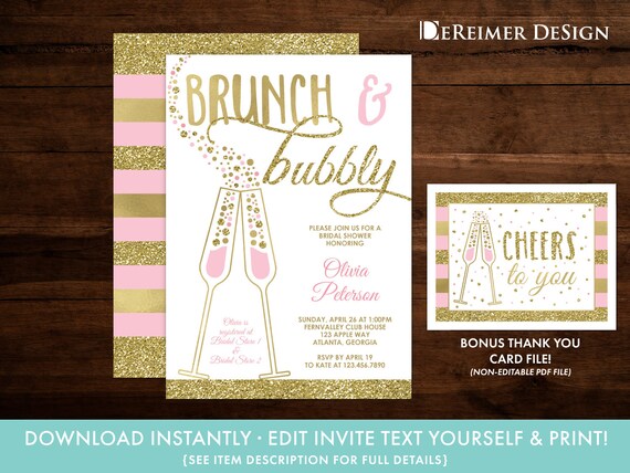 Brunch and Bubbly Bridal Shower Invitation in Pink and Gold | Etsy
