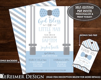 Baptism Invitation, Little Man, Baby Boy, Baby Blue, Gray, Bow Tie, Self-Editing PDF Invite, BONUS Tag File, Christening, Dedication