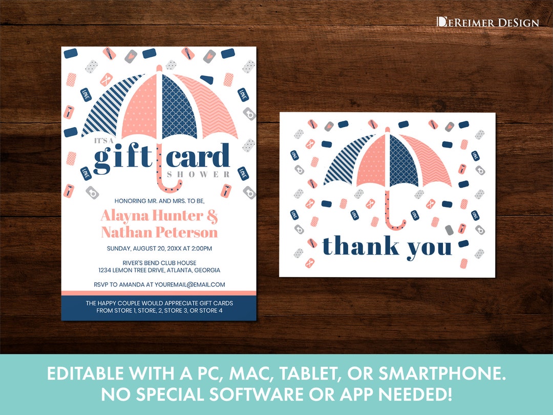 Gift Card Wedding Shower Invitation in Blue and Coral Bridal Etsy