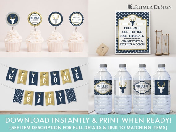 Woodland Deer Baby Shower Decorations In Navy Blue And Gold Etsy