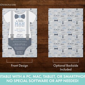 Editable Little Man Baby Shower Invitation in Blue and Gray, Bow Tie ...