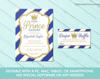 Editable Little Prince Baby Shower Invitation, Prince Invitation, Royal Blue and Gold, Diaper Raffle Tickets, Self-Editing Corjl Files, E04