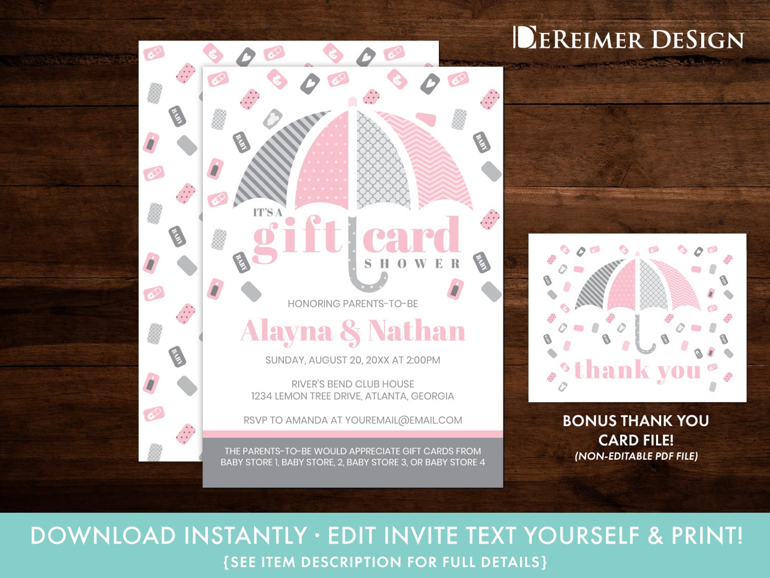 Gift Card Baby Shower Invitation in Pink and Gray Baby Shower Etsy