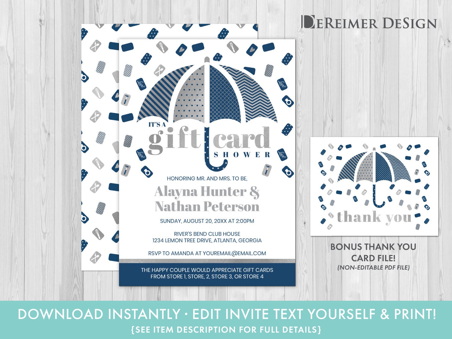 gift card wedding shower invitation in blue and gray bridal etsy gift card wedding shower