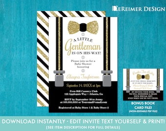 Little Gentleman Baby Shower Invitation in Blue and Gold Bow | Etsy