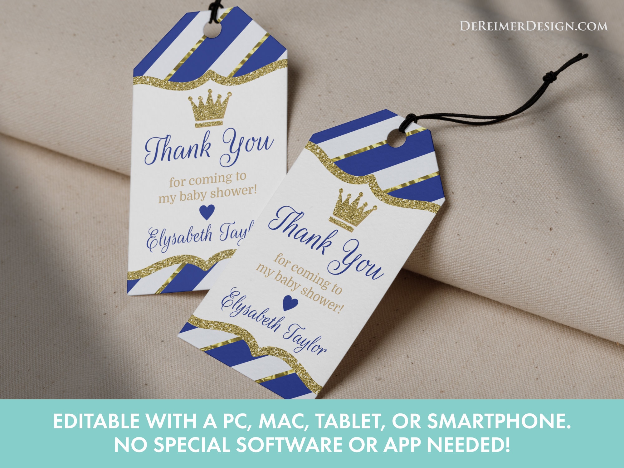 Editable Thank You Tags, Baby Shower Tags, Favor Tags, Little Prince, Royal  Blue, Gold, Royal Baby Shower, Self-editing Corjl Template, E04 - Etsy