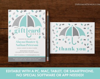 Gift Card Shower Invitation in Blue and Gray, Wedding Shower, Bridal Shower, Thank You Card File, Self-Editing Corjl Templates, R02