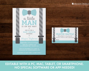 Editable Baby Shower Invitation in Blue and Gray, Little Man, Bow Tie and Suspenders, Diaper Raffle, Self-Editing Corjl Templates, A04