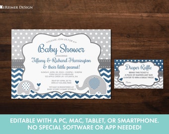 Editable Baby Shower Invitation in Navy Blue and Gray, Elephant, Little Peanut, Diaper Raffle, Self-Editing Corjl Templates, Q01