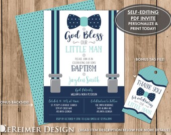 Baptism Invitation, Little Man, Baby Boy, Navy Blue, Turquoise, Bow Tie, Self-Editing PDF Invite, BONUS Tag File, Christening, Dedication