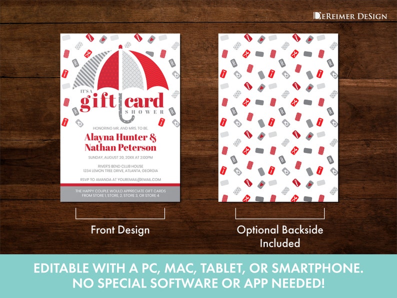 Gift Card Wedding Shower Invitation in Red and Gray Bridal Etsy