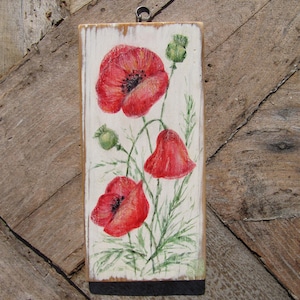 Wanddecoratie, houten wanddecor, rustieke inrichting, kunst aan de muur, wandkleden, grenenhout, klaprozen, housewarming, woonkamer, keuken, Gratis verzending
