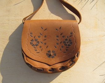 Leather bag, Genue leather, Crossbody bag, Vintage bag, Mini bag, Real leather, Natural, Women bag, Free shipping, Flower decoration