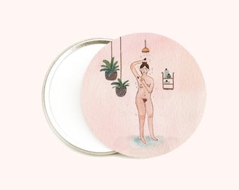 Miroir de poche, miroir de sac, fleurs, aquarelle, illustration, miroir rond, petit miroir, cadeau, pochon doré, lune