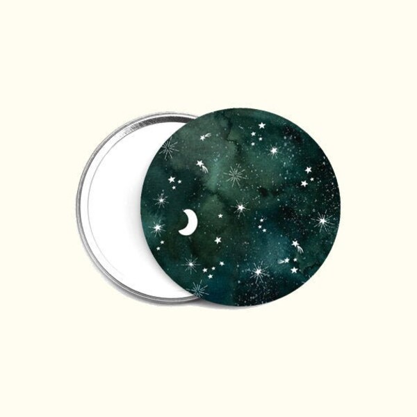 Pocket mirror, sky moon stars, watercolor, round mirror, little gift, Taschenspiegel, beauty, specchio tascabile, espejo de bolsillo 