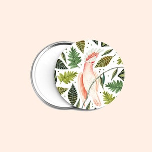 Miroir de poche, miroir de sac, perroquet, aquarelle, illustration, miroir rond, petit miroir, cadeau, cadeau noël, pochon doré, lune