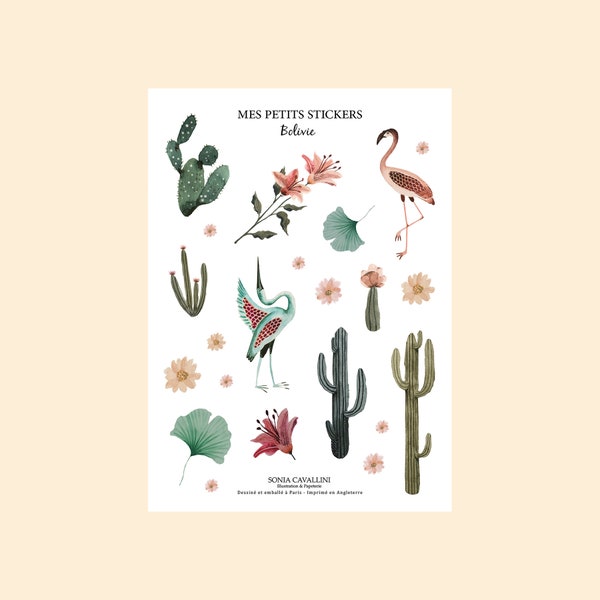 Stickers, set de stickers, autocollant, cactus, fleurs, illustration, aquarelle, botanique, cadeau, papeterie, autocollants décoratifs