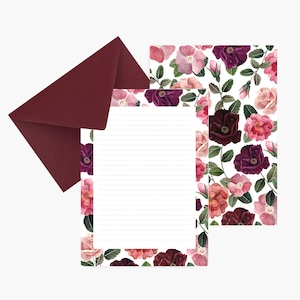 Papel de carta rosa, conjunto de papel, flores, papelaria, aniversário, botânico, correspondência, aquarela, ilustração, pequeno presente, Natal