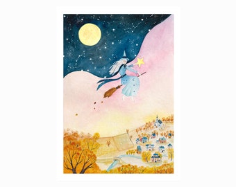 Night witch poster A4, illustration, witch, moon, print, home decoration, 21x29.7 cm, painting, watercolor, small gift