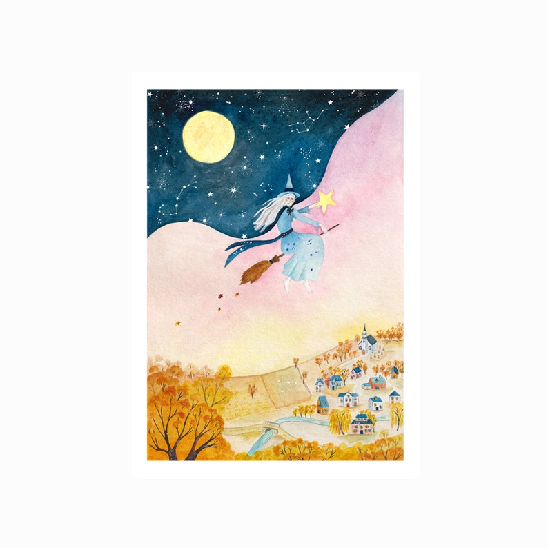 Cartaz de bruxa noturna A4, ilustração, bruxa, lua, impressão, decoração de casa, 21x29,7 cm, pintura, aquarela, pequeno presente imagem 1