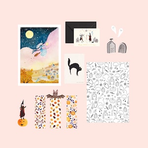Halloween-Briefpapierbox, Herbst, Geschenkbox, Briefpapier, Lesezeichen, Geschenk, Hexe, Ausmalen, Illustration